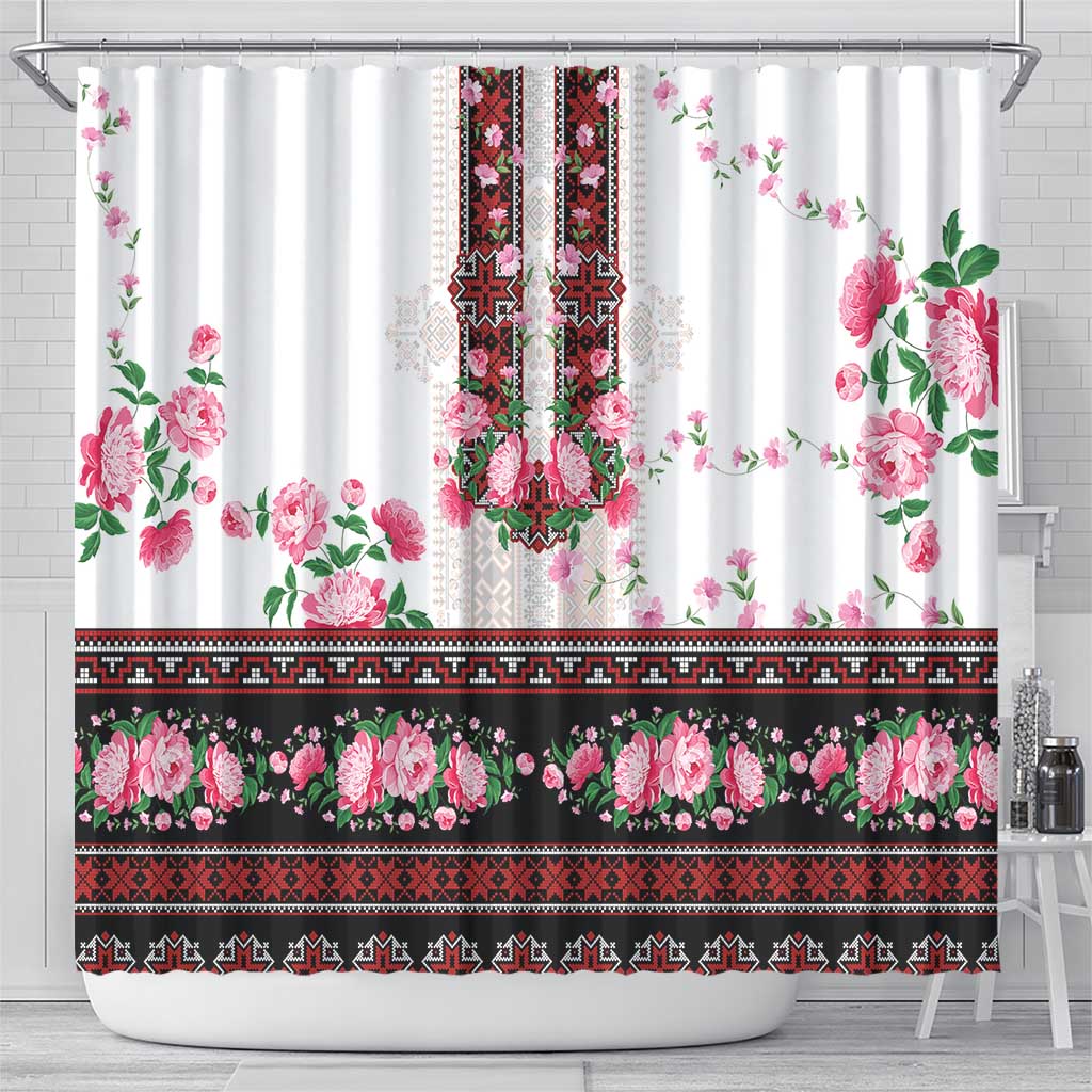 Red Romanian National Costume Shower Curtain Peony Flowers Traditional Folk Pattern - Wonder Print Shop