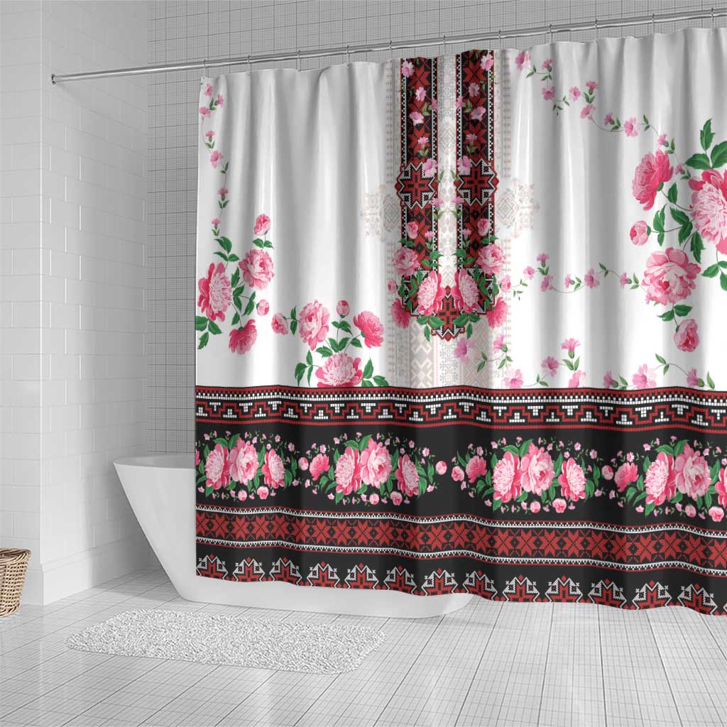 Red Romanian National Costume Shower Curtain Peony Flowers Traditional Folk Pattern - Wonder Print Shop