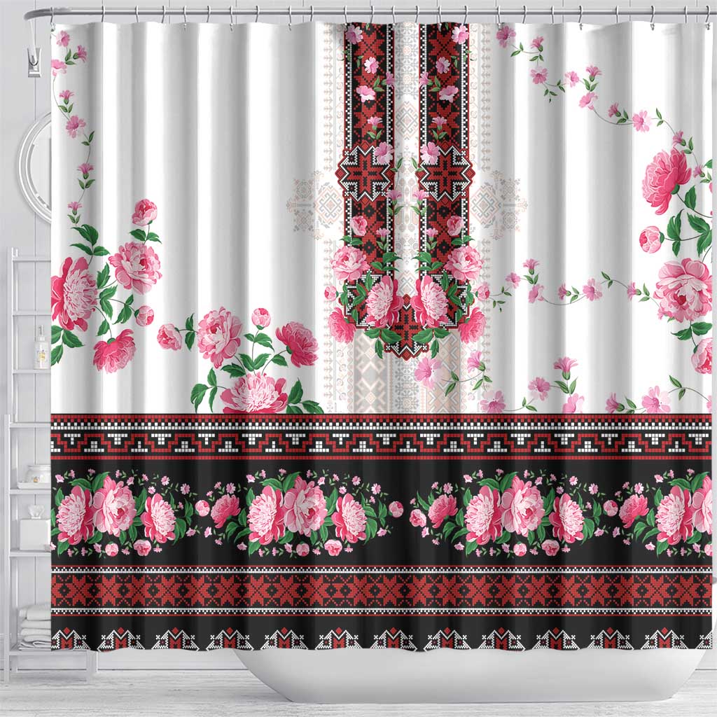 Red Romanian National Costume Shower Curtain Peony Flowers Traditional Folk Pattern - Wonder Print Shop