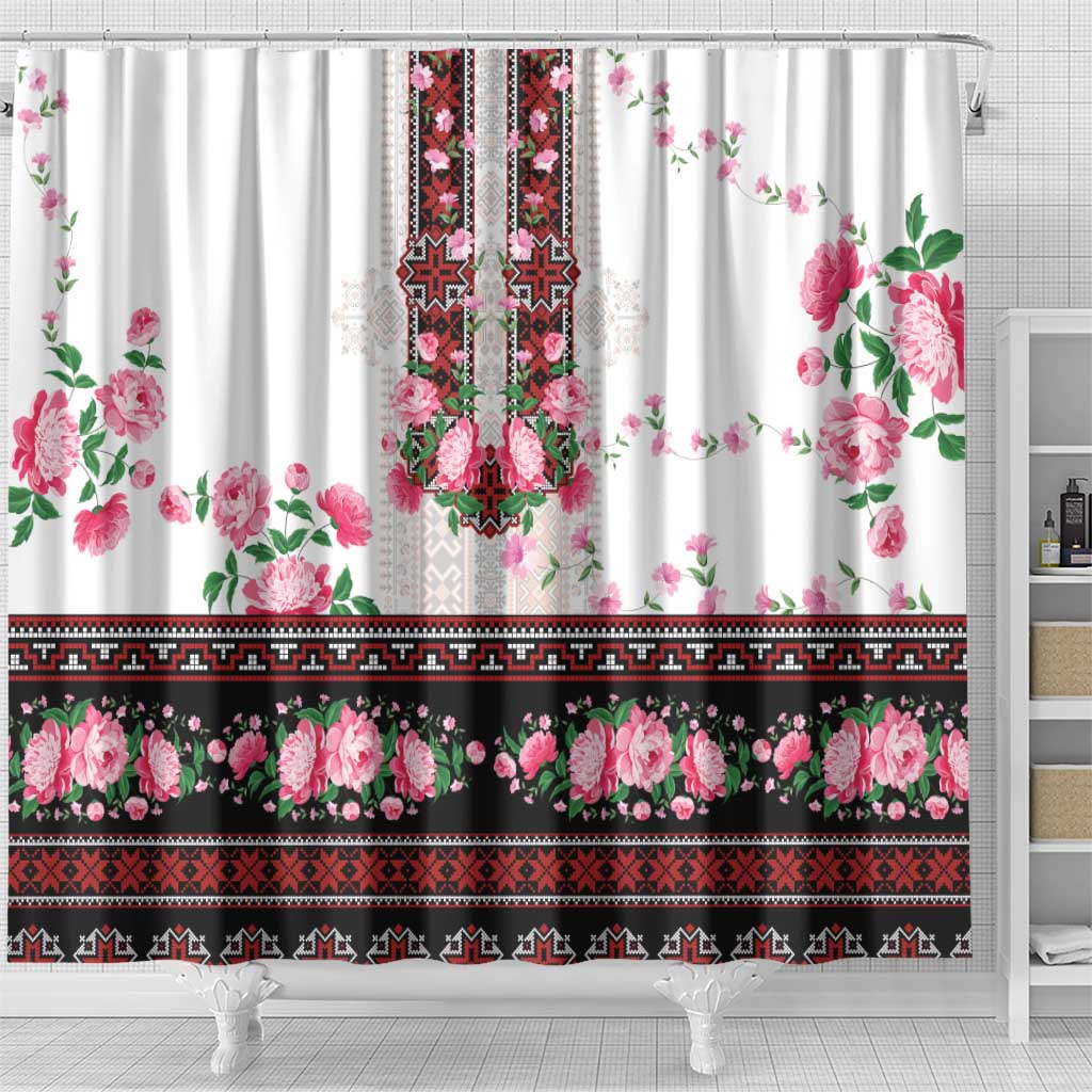Red Romanian National Costume Shower Curtain Peony Flowers Traditional Folk Pattern - Wonder Print Shop