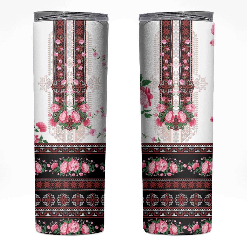 Red Romanian National Costume Skinny Tumbler Peony Flowers Traditional Folk Pattern - Wonder Print Shop