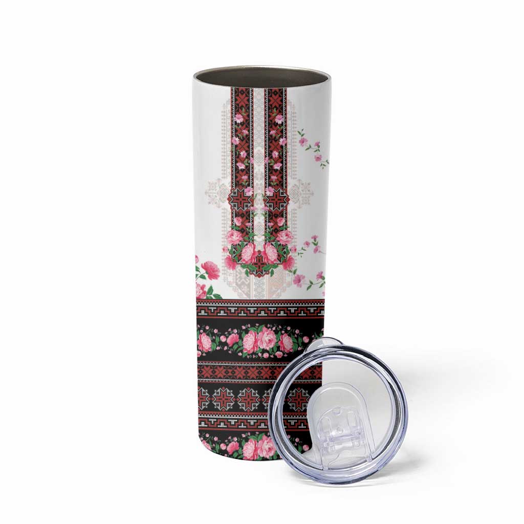 Red Romanian National Costume Skinny Tumbler Peony Flowers Traditional Folk Pattern - Wonder Print Shop