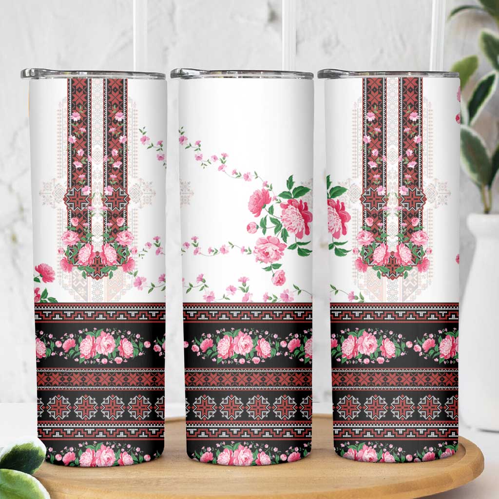 Red Romanian National Costume Skinny Tumbler Peony Flowers Traditional Folk Pattern - Wonder Print Shop