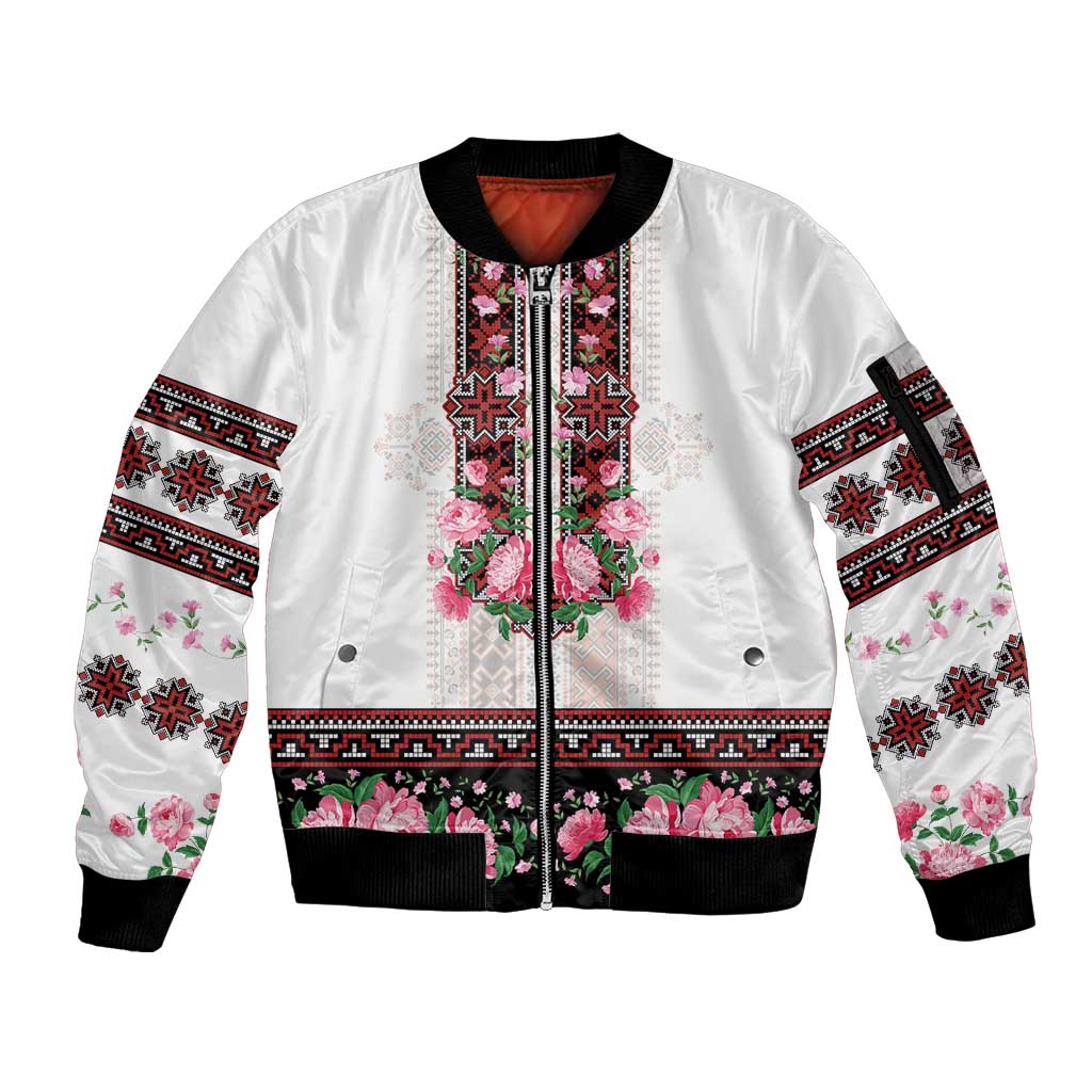 Red Romanian National Costume Sleeve Zip Bomber Jacket Peony Flowers Traditional Folk Pattern - Wonder Print Shop
