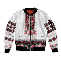 Red Romanian National Costume Sleeve Zip Bomber Jacket Peony Flowers Traditional Folk Pattern - Wonder Print Shop