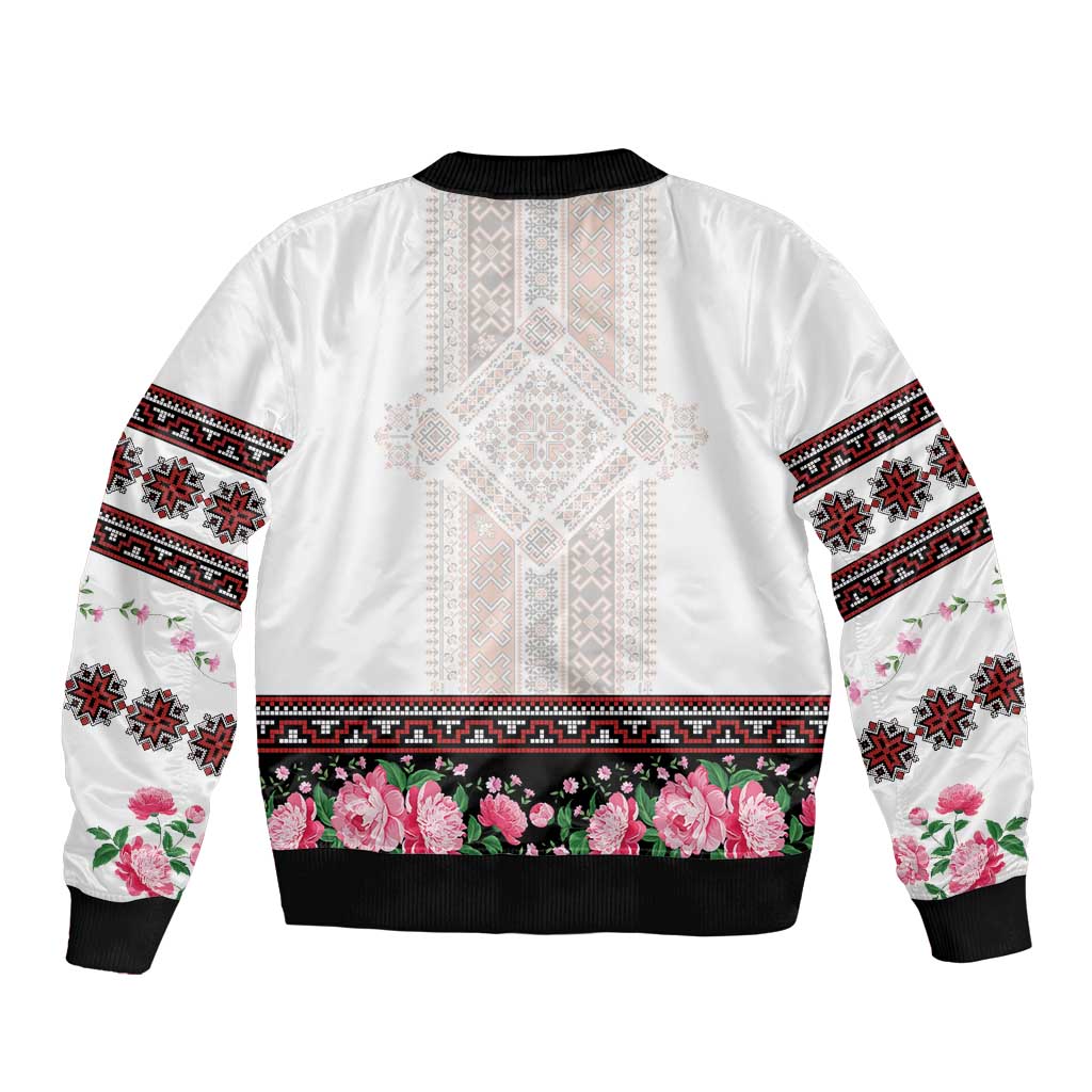 Red Romanian National Costume Sleeve Zip Bomber Jacket Peony Flowers Traditional Folk Pattern - Wonder Print Shop