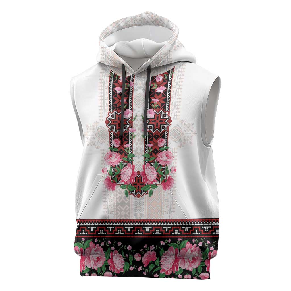 Red Romanian National Costume Sleeveless Hoodie Peony Flowers Traditional Folk Pattern - Wonder Print Shop