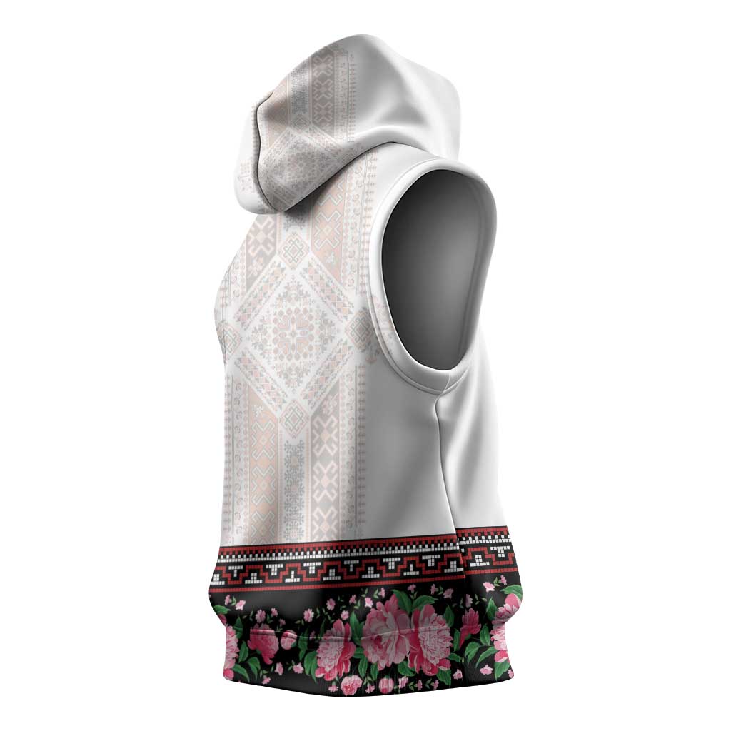 Red Romanian National Costume Sleeveless Hoodie Peony Flowers Traditional Folk Pattern - Wonder Print Shop