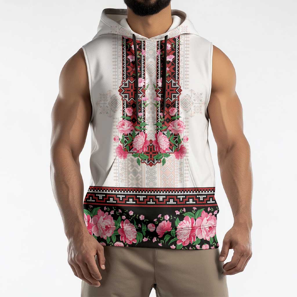 Red Romanian National Costume Sleeveless Hoodie Peony Flowers Traditional Folk Pattern - Wonder Print Shop