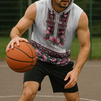Red Romanian National Costume Sleeveless Hoodie Peony Flowers Traditional Folk Pattern - Wonder Print Shop