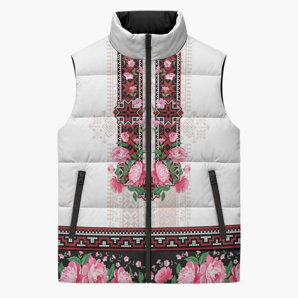 Red Romanian National Costume Sleeveless Puffer Jacket Peony Flowers Traditional Folk Pattern - Wonder Print Shop