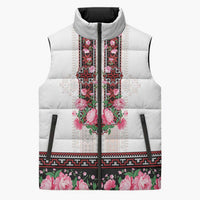 Red Romanian National Costume Sleeveless Puffer Jacket Peony Flowers Traditional Folk Pattern - Wonder Print Shop