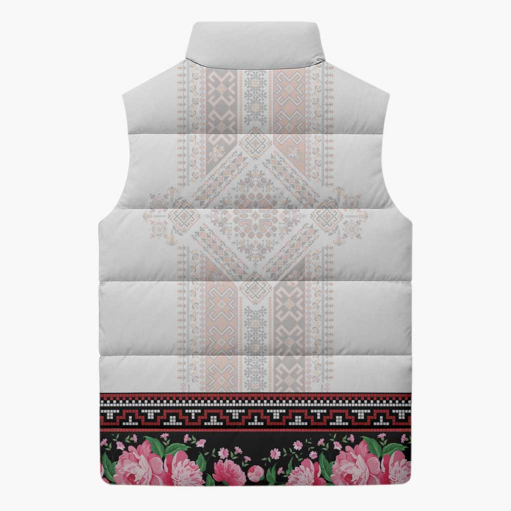 Red Romanian National Costume Sleeveless Puffer Jacket Peony Flowers Traditional Folk Pattern - Wonder Print Shop