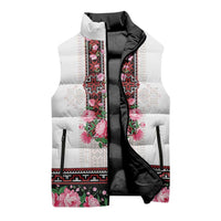 Red Romanian National Costume Sleeveless Puffer Jacket Peony Flowers Traditional Folk Pattern - Wonder Print Shop