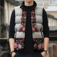 Red Romanian National Costume Sleeveless Puffer Jacket Peony Flowers Traditional Folk Pattern - Wonder Print Shop