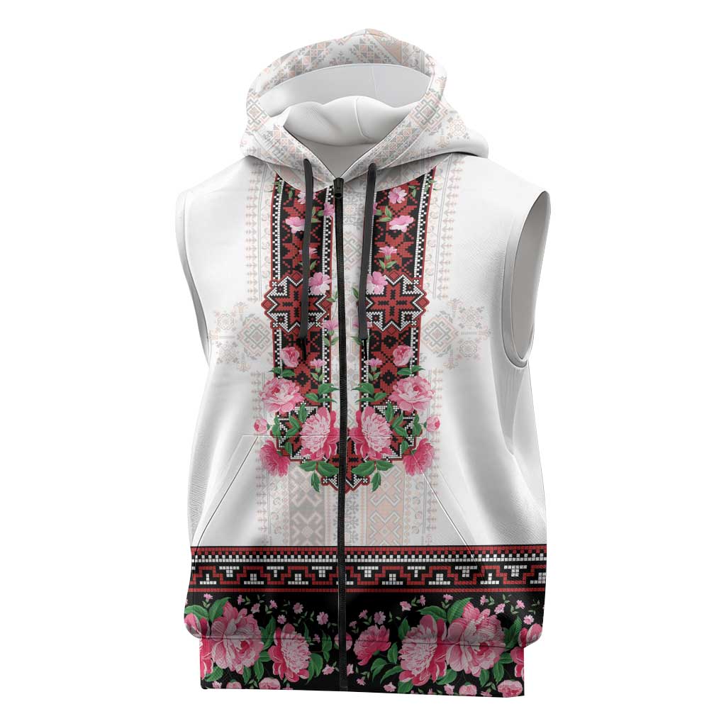 Red Romanian National Costume Sleeveless Zip Hoodie Peony Flowers Traditional Folk Pattern - Wonder Print Shop