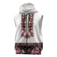 Red Romanian National Costume Sleeveless Zip Hoodie Peony Flowers Traditional Folk Pattern - Wonder Print Shop
