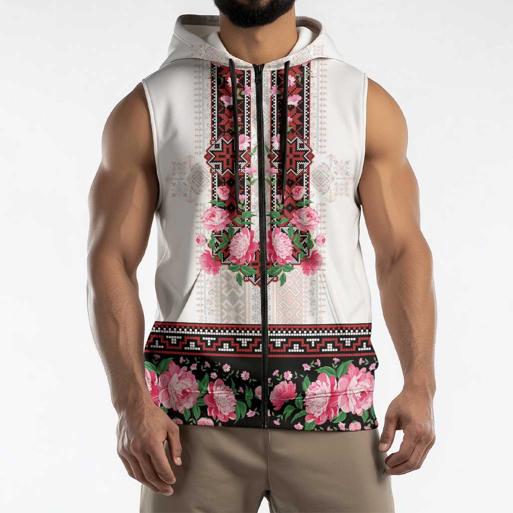 Red Romanian National Costume Sleeveless Zip Hoodie Peony Flowers Traditional Folk Pattern - Wonder Print Shop
