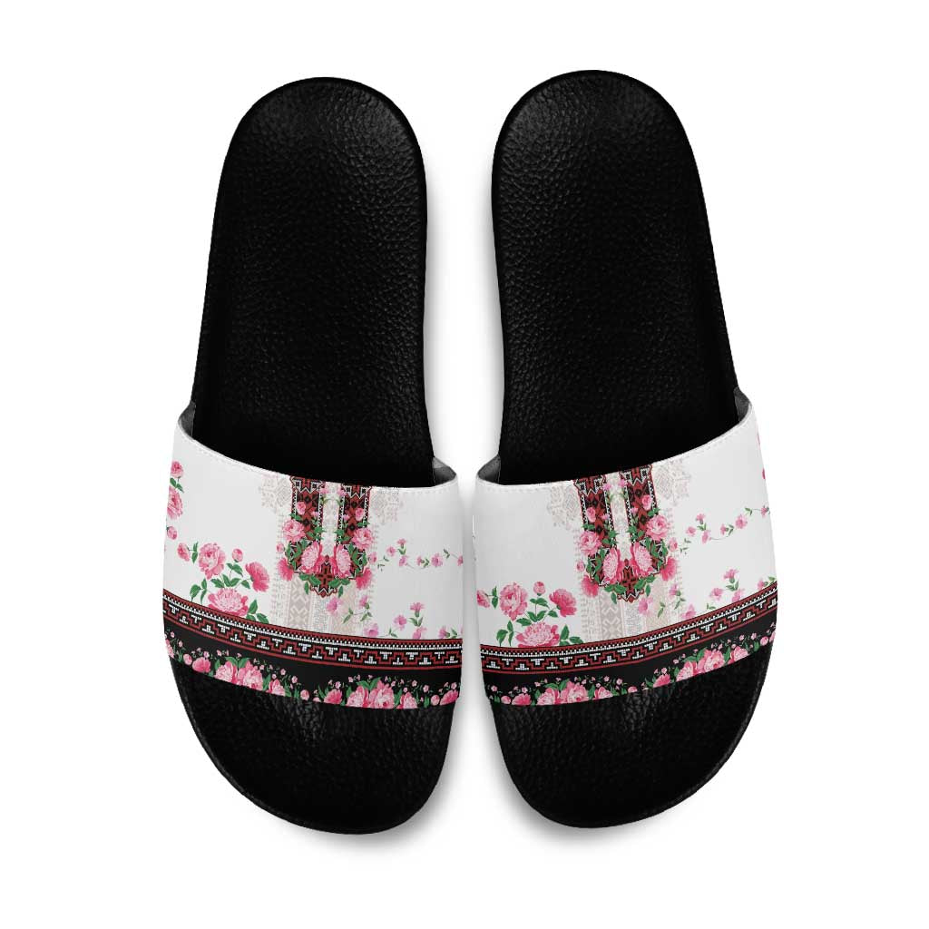 Red Romanian National Costume Slide Sandals Peony Flowers Traditional Folk Pattern - Wonder Print Shop