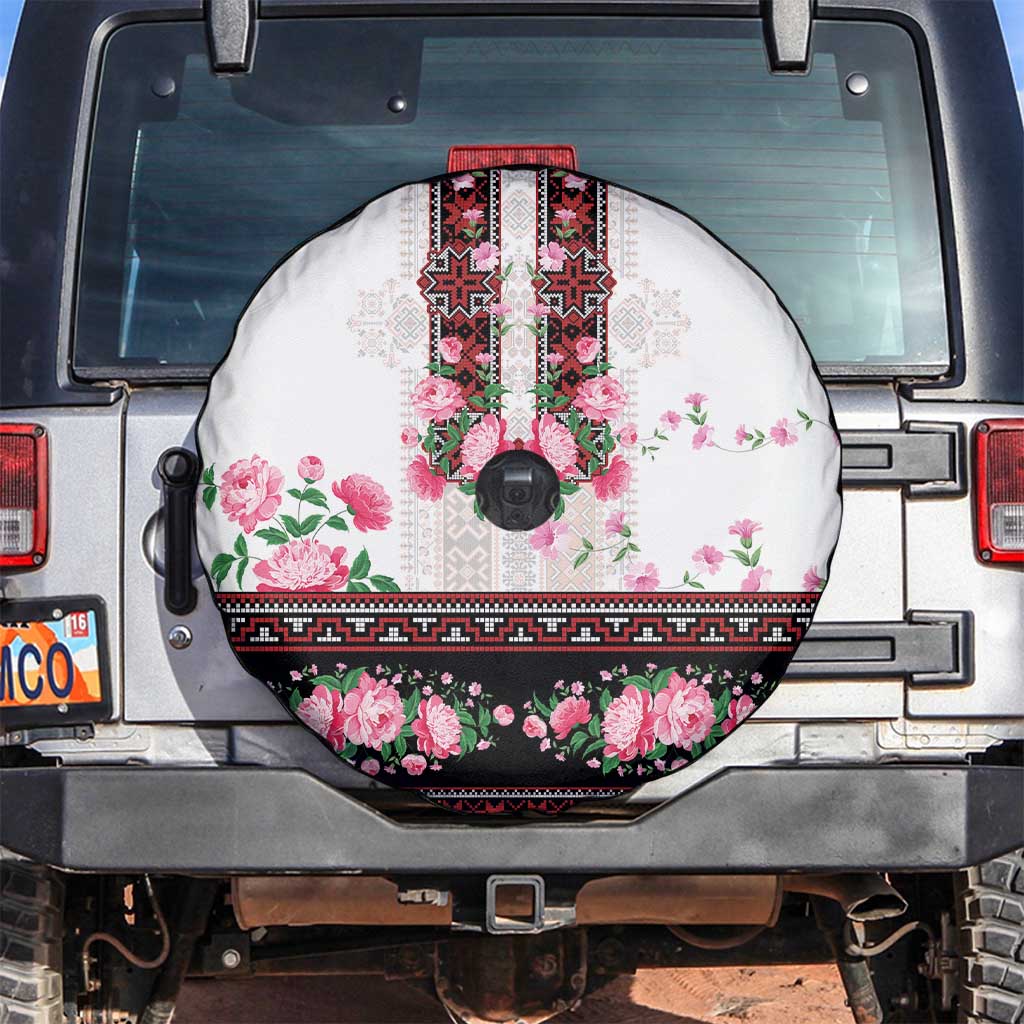 Red Romanian National Costume Spare Tire Cover Peony Flowers Traditional Folk Pattern - Wonder Print Shop