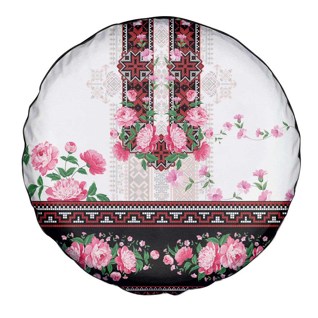 Red Romanian National Costume Spare Tire Cover Peony Flowers Traditional Folk Pattern - Wonder Print Shop