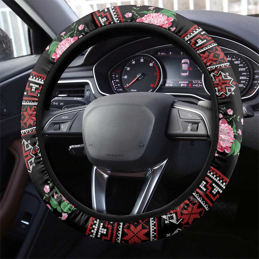 Red Romanian National Costume Steering Wheel Cover Peony Flowers Traditional Folk Pattern - Wonder Print Shop