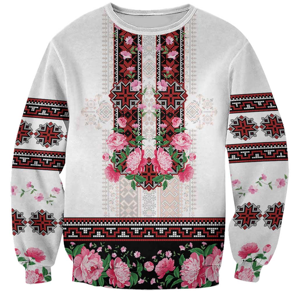 Red Romanian National Costume Sweatshirt Peony Flowers Traditional Folk Pattern - Wonder Print Shop