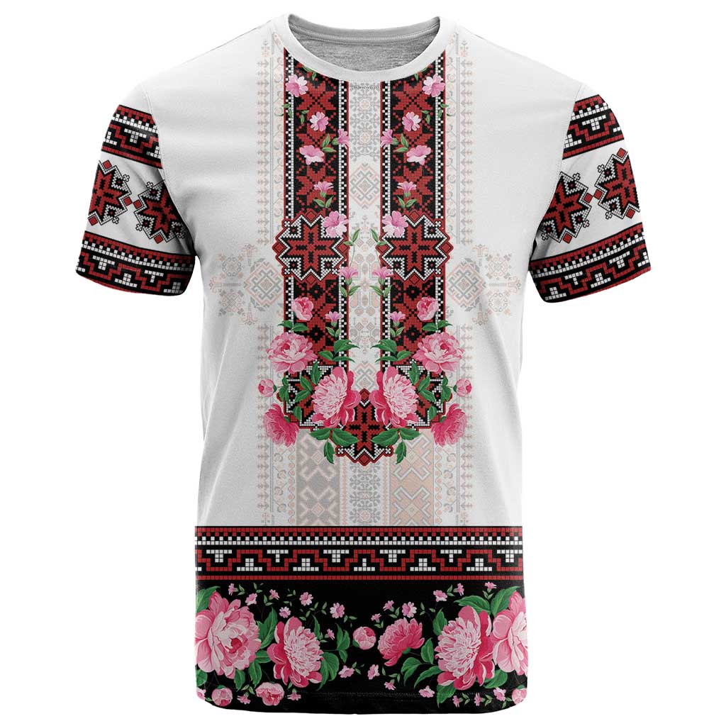 Red Romanian National Costume T Shirt Peony Flowers Traditional Folk Pattern - Wonder Print Shop