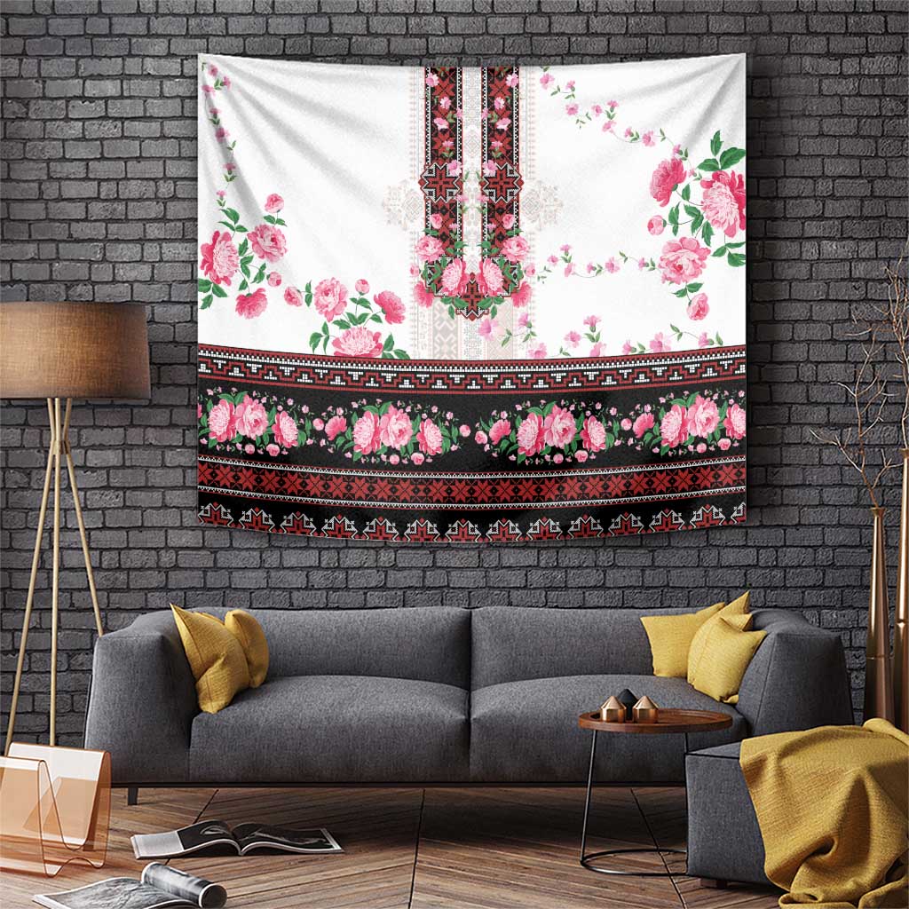 Red Romanian National Costume Tapestry Peony Flowers Traditional Folk Pattern - Wonder Print Shop