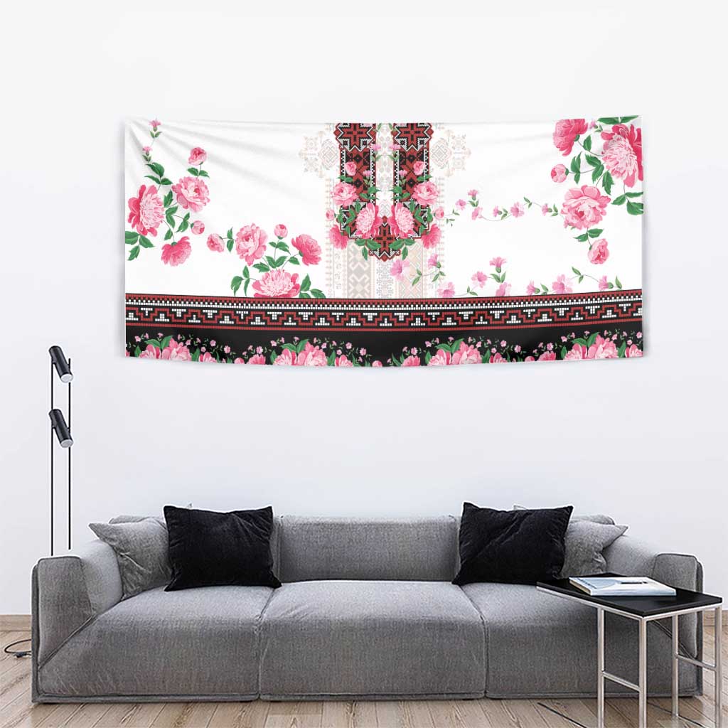 Red Romanian National Costume Tapestry Peony Flowers Traditional Folk Pattern - Wonder Print Shop