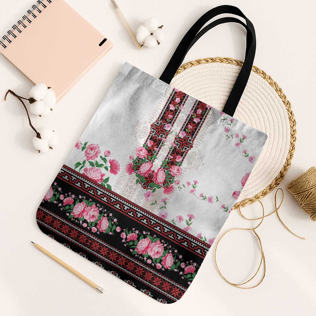 Red Romanian National Costume Tote Bag Peony Flowers Traditional Folk Pattern - Wonder Print Shop
