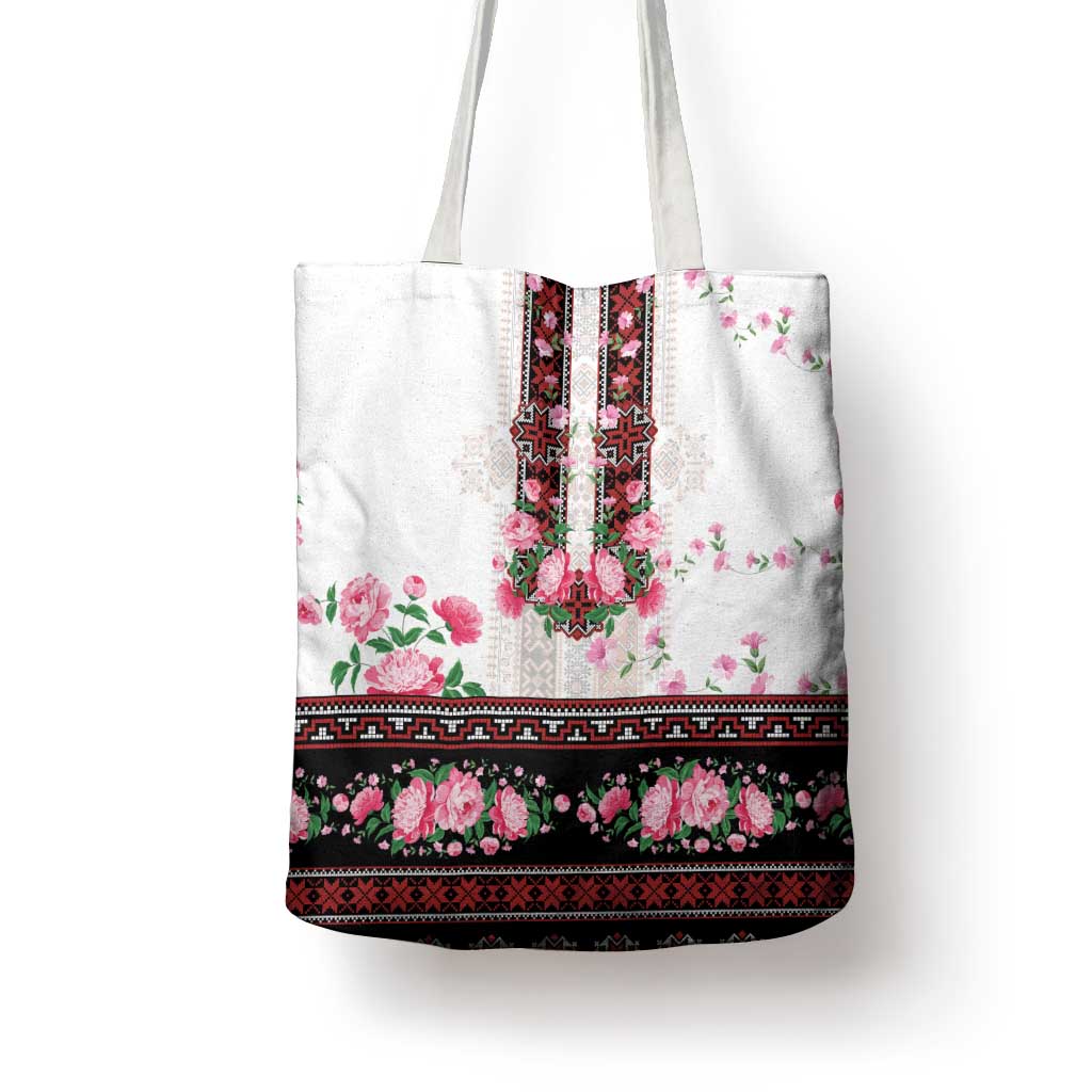 Red Romanian National Costume Tote Bag Peony Flowers Traditional Folk Pattern - Wonder Print Shop