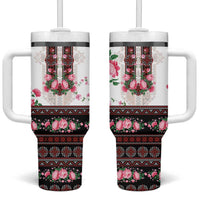Red Romanian National Costume Tumbler With Handle Peony Flowers Traditional Folk Pattern - Wonder Print Shop