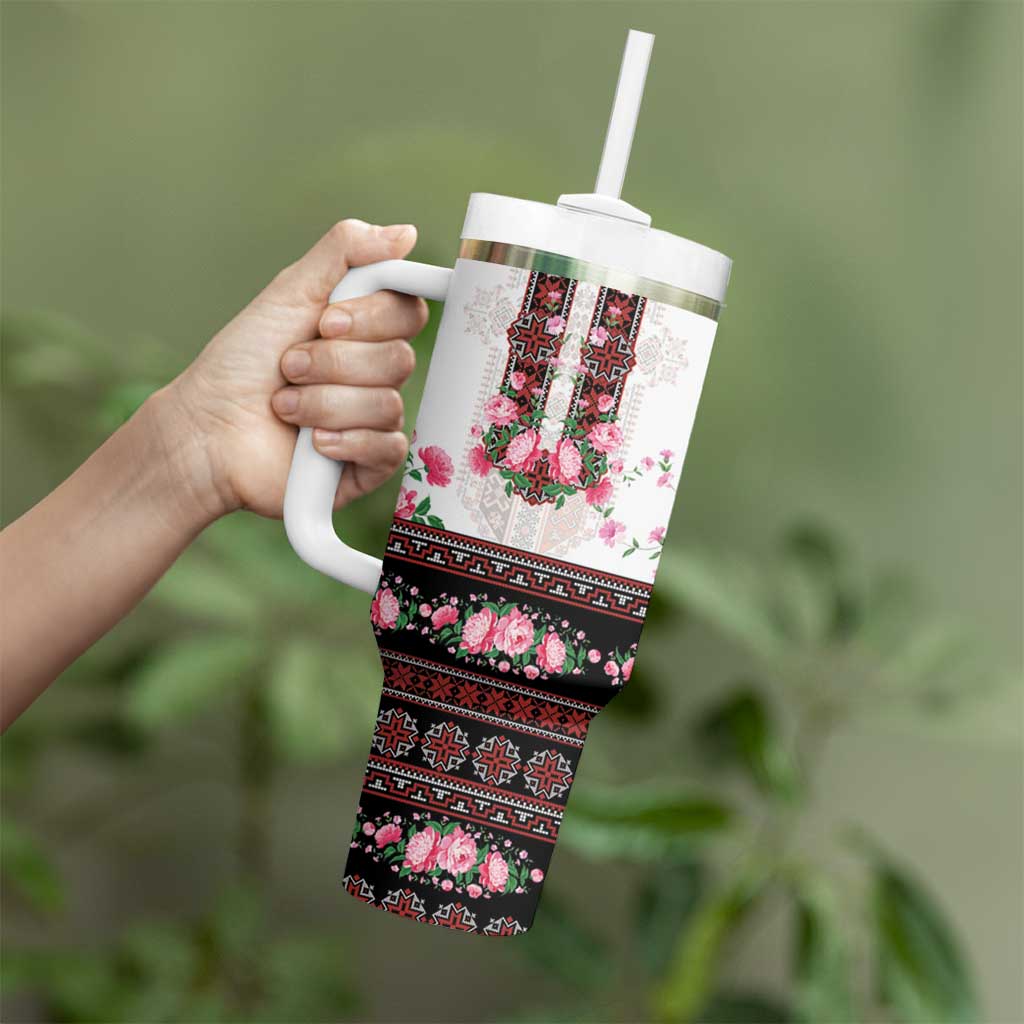 Red Romanian National Costume Tumbler With Handle Peony Flowers Traditional Folk Pattern - Wonder Print Shop