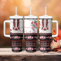 Red Romanian National Costume Tumbler With Handle Peony Flowers Traditional Folk Pattern - Wonder Print Shop