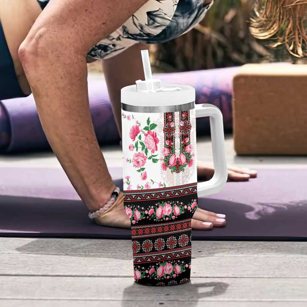 Red Romanian National Costume Tumbler With Handle Peony Flowers Traditional Folk Pattern - Wonder Print Shop