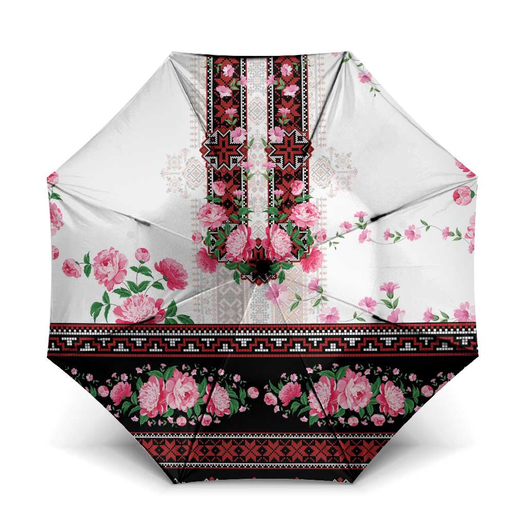 Red Romanian National Costume Umbrella Peony Flowers Traditional Folk Pattern - Wonder Print Shop