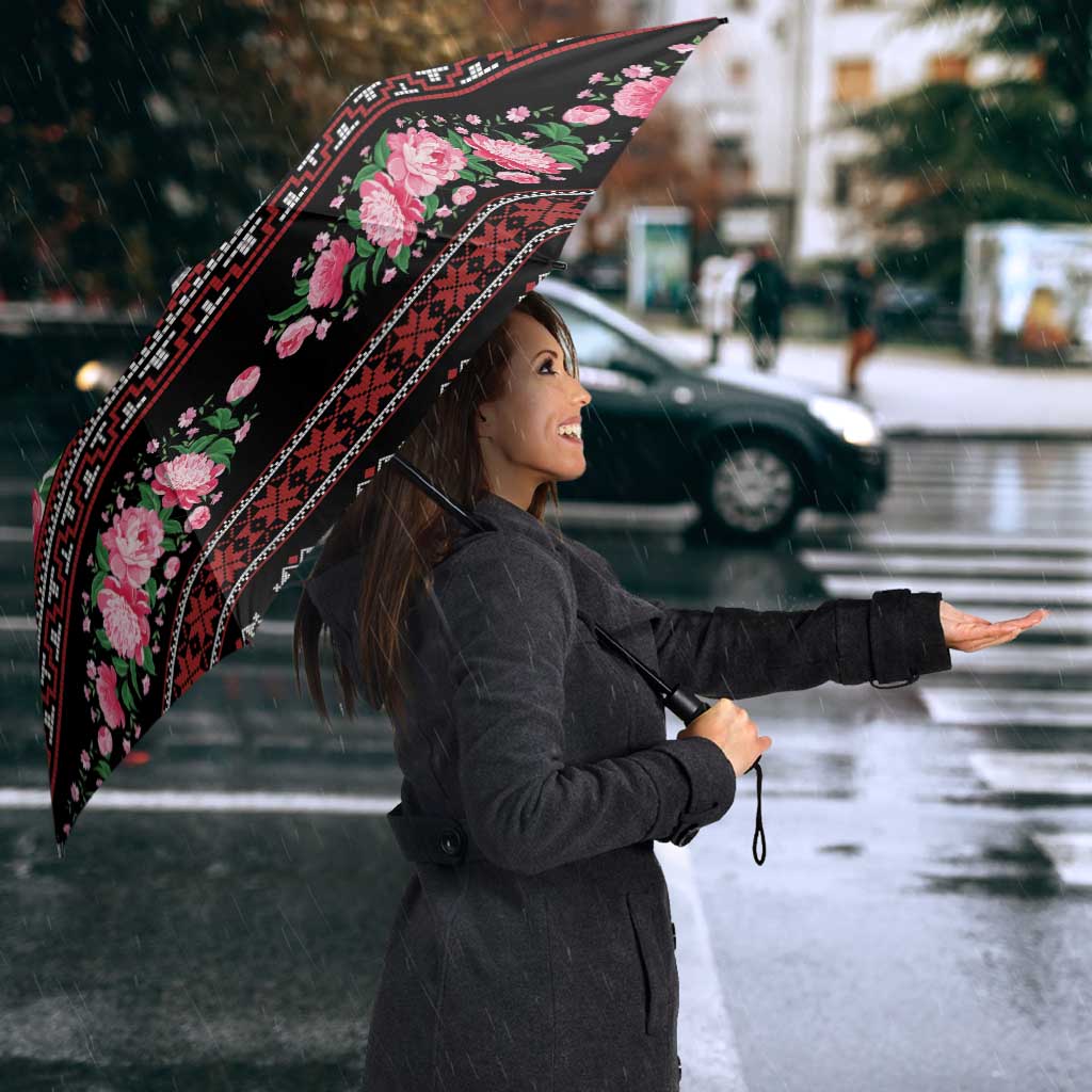 Red Romanian National Costume Umbrella Peony Flowers Traditional Folk Pattern - Wonder Print Shop