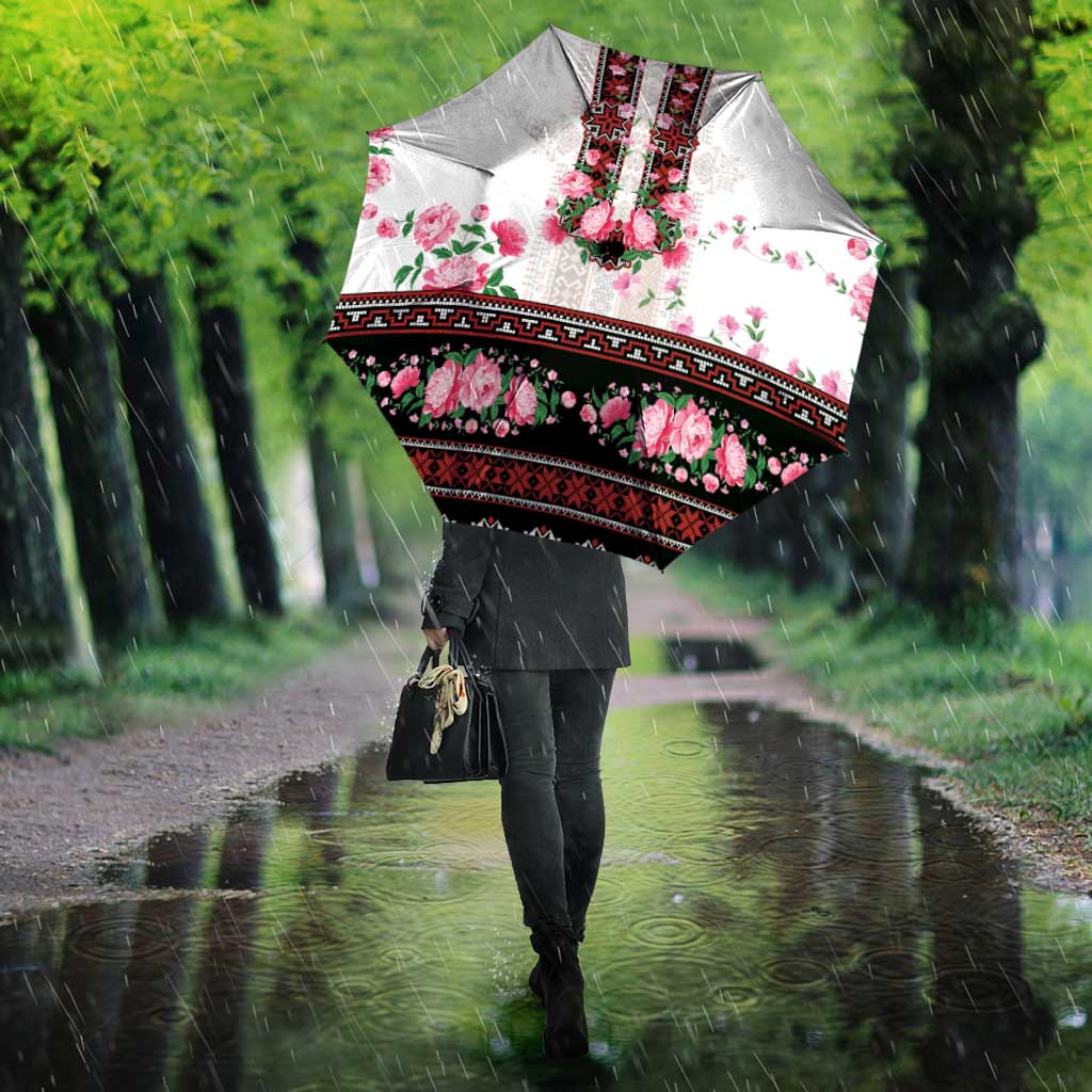 Red Romanian National Costume Umbrella Peony Flowers Traditional Folk Pattern - Wonder Print Shop