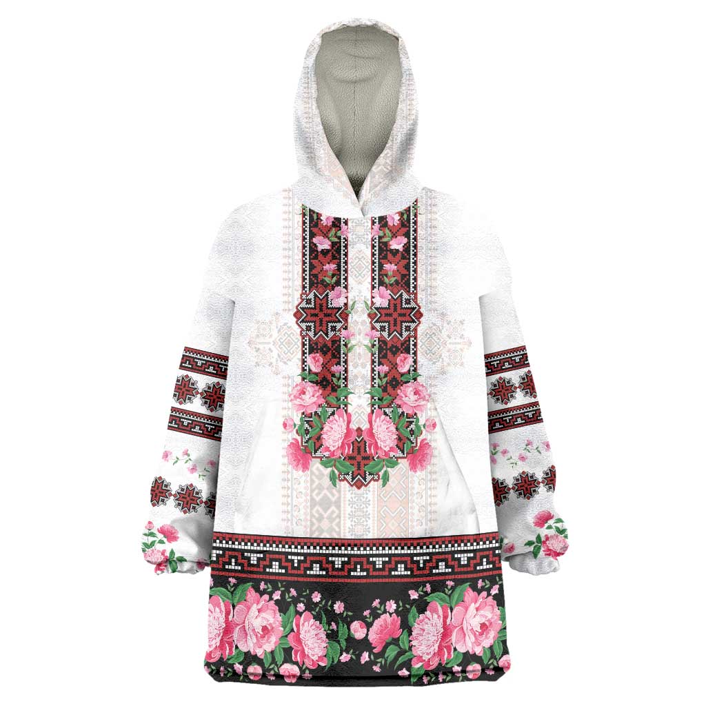 Red Romanian National Costume Wearable Blanket Hoodie Peony Flowers Traditional Folk Pattern - Wonder Print Shop