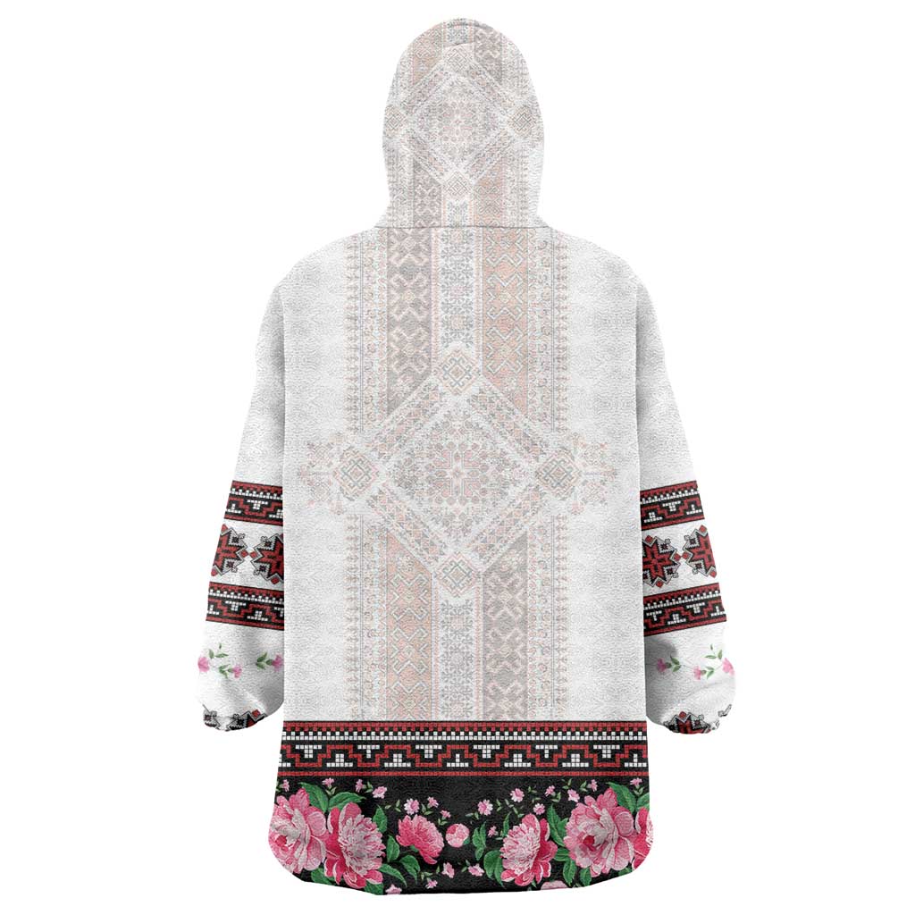 Red Romanian National Costume Wearable Blanket Hoodie Peony Flowers Traditional Folk Pattern - Wonder Print Shop