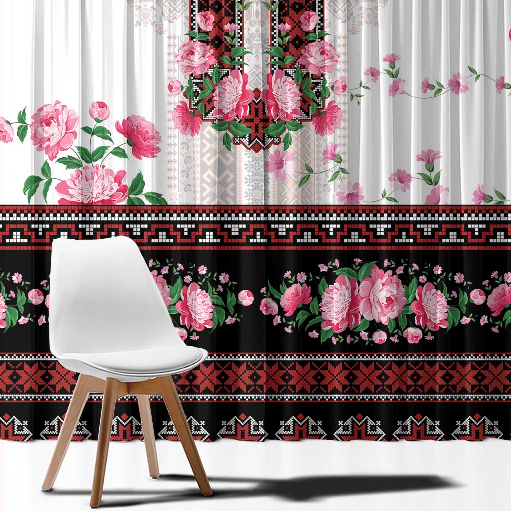 Red Romanian National Costume Window Curtain Peony Flowers Traditional Folk Pattern - Wonder Print Shop