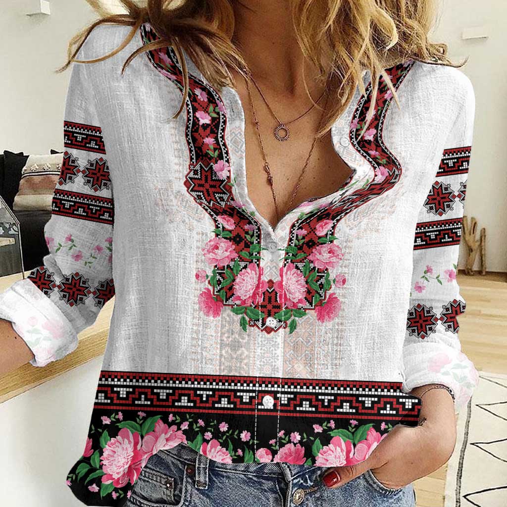 Red Romanian National Costume Women Casual Shirt Peony Flowers Traditional Folk Pattern - Wonder Print Shop