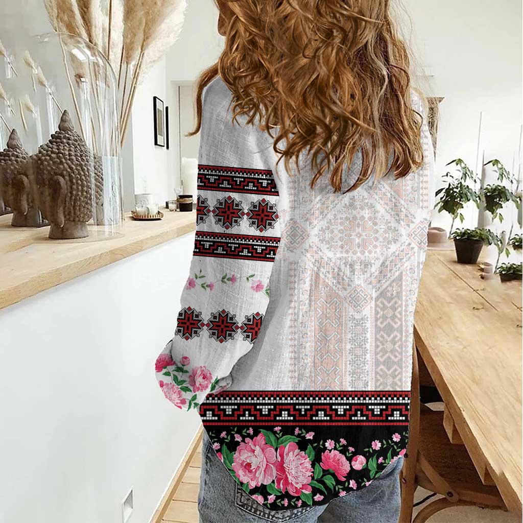 Red Romanian National Costume Women Casual Shirt Peony Flowers Traditional Folk Pattern - Wonder Print Shop