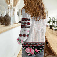 Red Romanian National Costume Women Casual Shirt Peony Flowers Traditional Folk Pattern - Wonder Print Shop