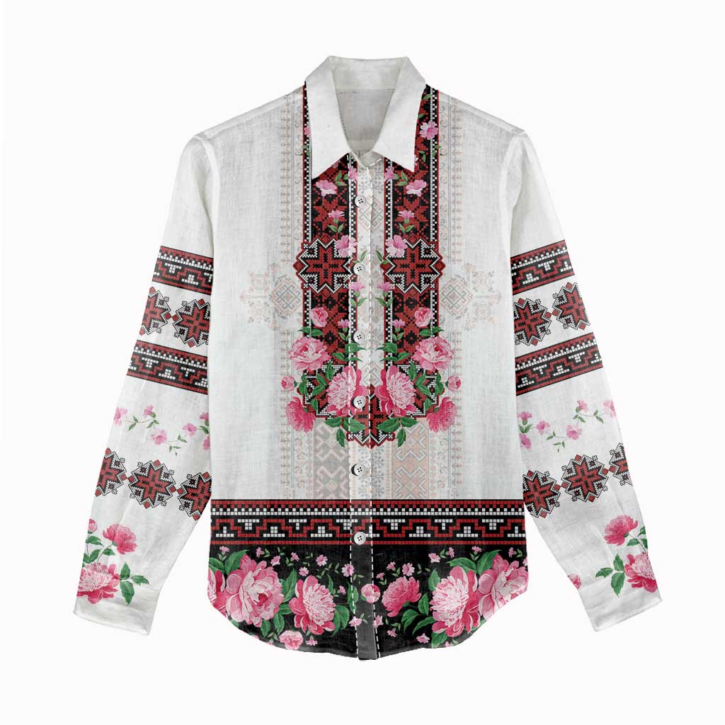 Red Romanian National Costume Women Casual Shirt Peony Flowers Traditional Folk Pattern - Wonder Print Shop