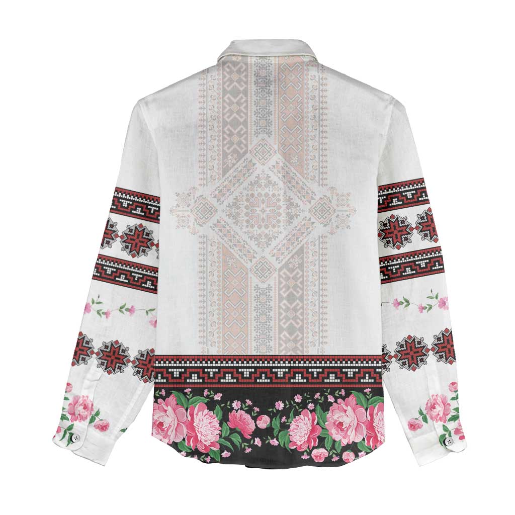 Red Romanian National Costume Women Casual Shirt Peony Flowers Traditional Folk Pattern - Wonder Print Shop