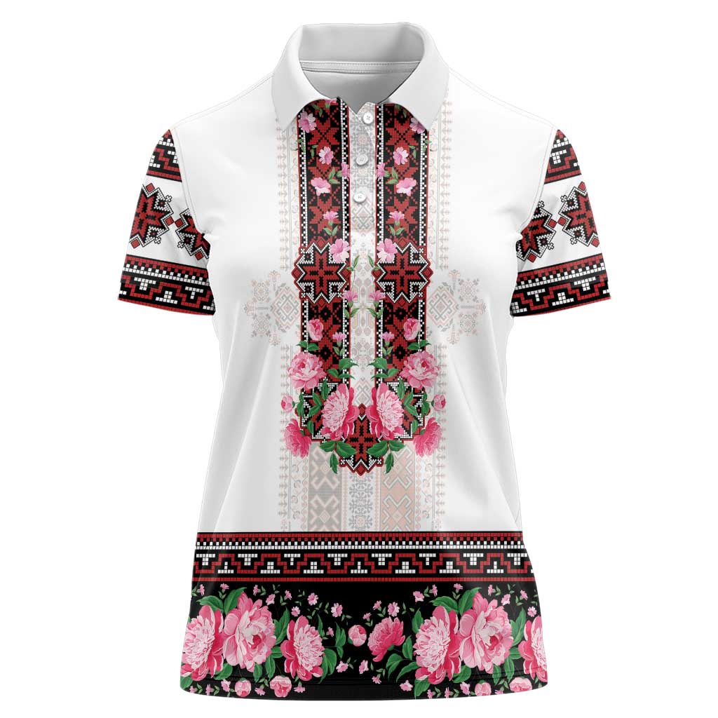 Red Romanian National Costume Women Polo Shirt Peony Flowers Traditional Folk Pattern - Wonder Print Shop