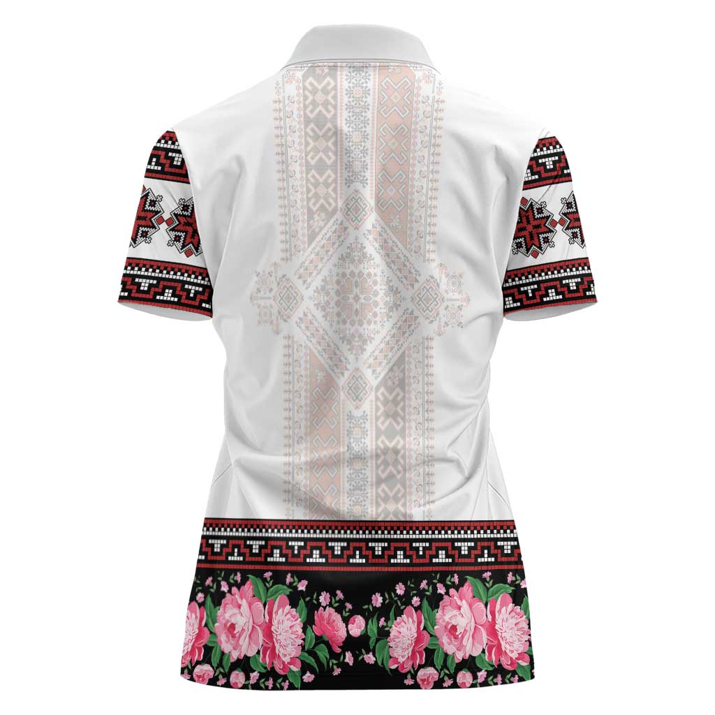 Red Romanian National Costume Women Polo Shirt Peony Flowers Traditional Folk Pattern - Wonder Print Shop
