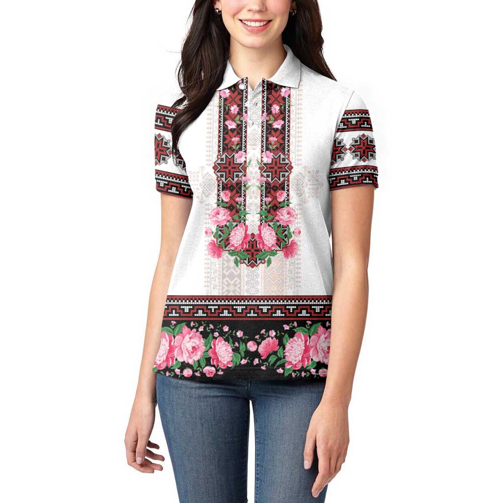 Red Romanian National Costume Women Polo Shirt Peony Flowers Traditional Folk Pattern - Wonder Print Shop